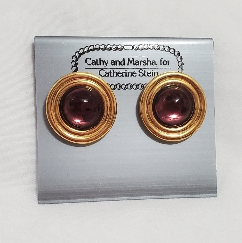 Brand New Vintage Catherine Stein Purple & Gold Tone Round Earrings
